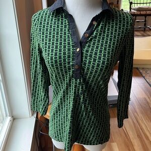 🌟5/$25⚡️AnnTaylor Loft Womens XS 3/4 sleeve Top Blue/Green retro graphic design